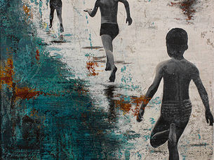 Three monochrome boys chasing each other on  white beach next to dark blue abstract beach