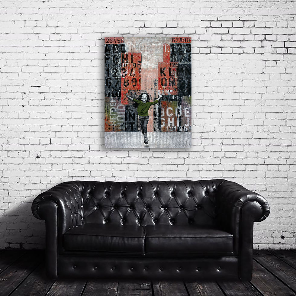 Thumbnail: Street art collage artwork with dancing girl in front of large buildings above black couch