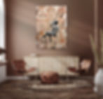 Beige street art with black, white, orange text and letters and girl in monochrome on swing hanging on brown wall