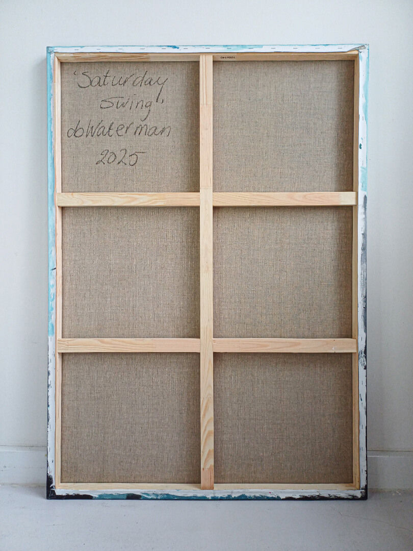 Thumbnail: Back of linen artwork SATURDAY SWING with wooden frame and db Waterman signature