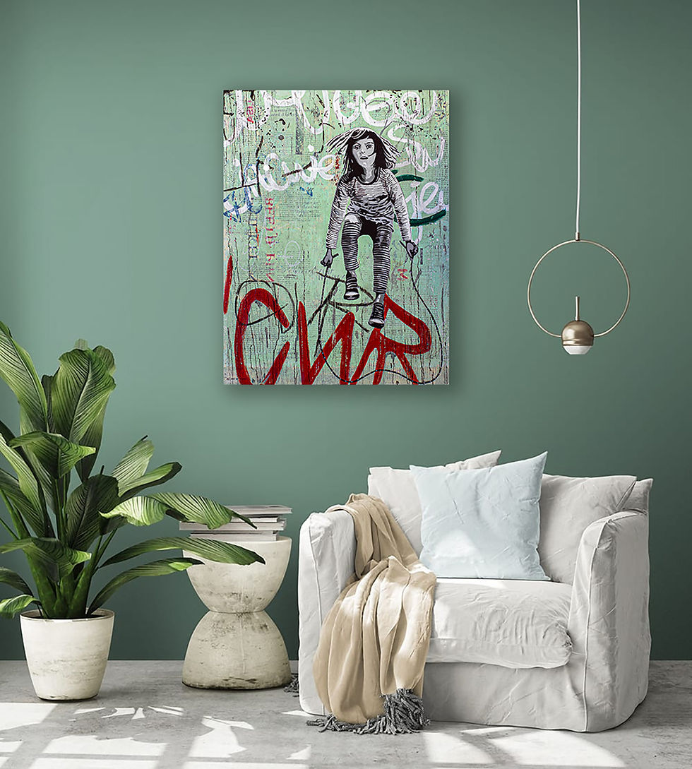 Thumbnail: Soft green street art painting with girl and skipping rope on green wall