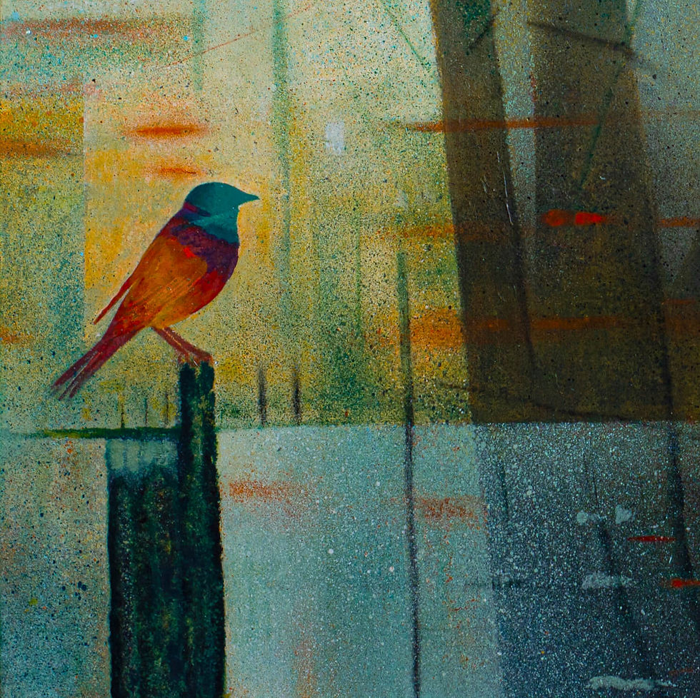 Thumbnail: abstract art featuring a colourful bird on post, textures, weathered surfaces in blue-green, yellow, aqua, orange