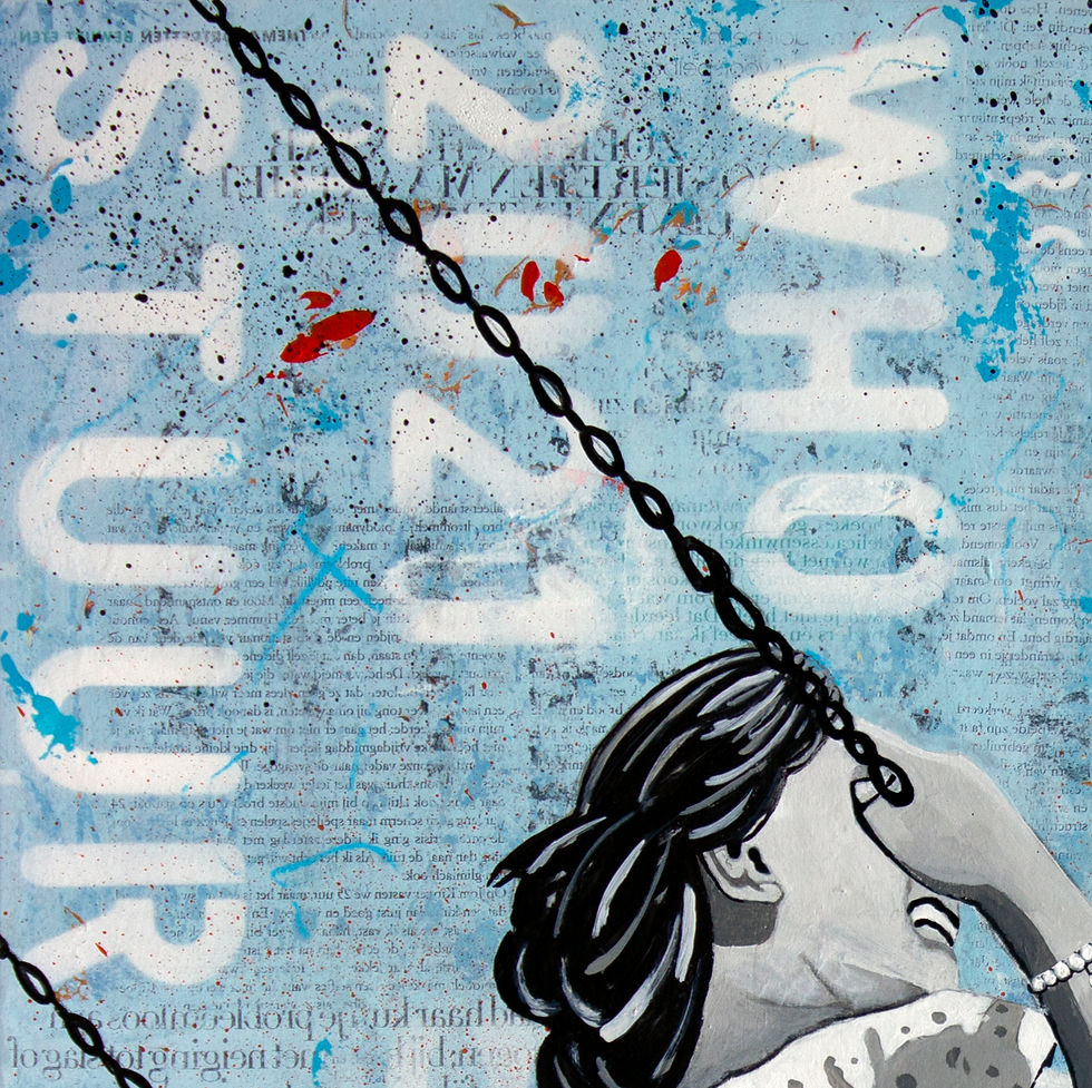 Thumbnail: Light blue street art collage with head of girl on swing and white letters