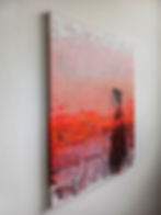Thumbnail: left side of one of the orange pink urban diptych artworks with a woman seen from the side