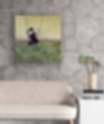 Square meadow artwork with girl in purple shirt on a swing, on beige wall above off white couch