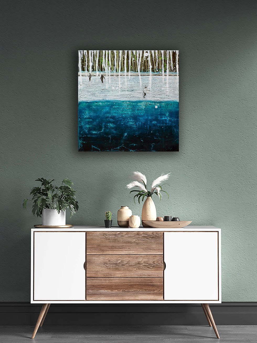 Thumbnail: home interior view of small square blue water and ice landscape painting on green wall