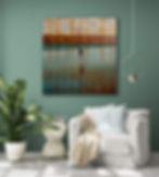 on a green wall above a white armchair, a square beach landscape in shades of green and rust, featuring a boy running
