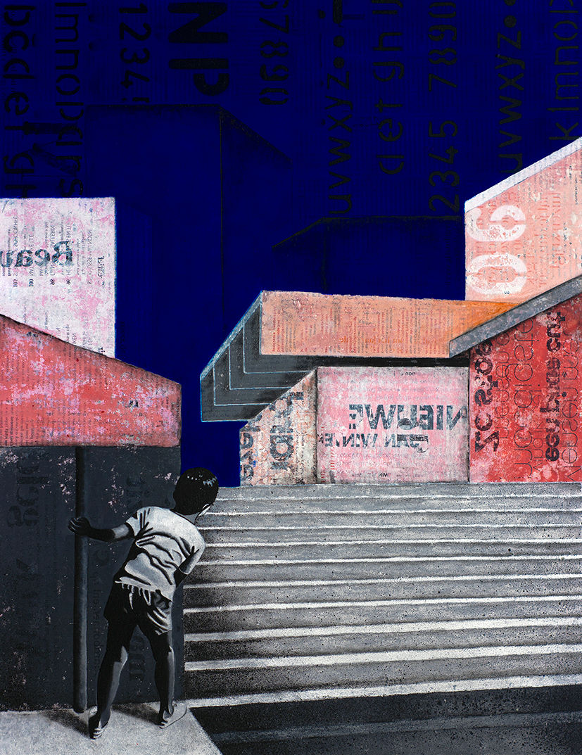 Boy painted in black and white plays hide and seek between pink and grey concrete buildings under blue sky