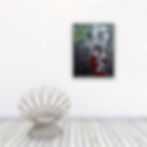 Artwork with girl in red jacket with doll in white dress against dark weathered wall with green plants, on white wall