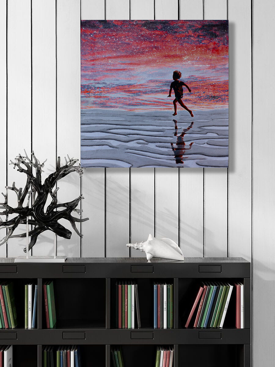 Thumbnail: Square artwork on white wooden panels with Boy in dark colors, running on grey beach under red orange pink sky