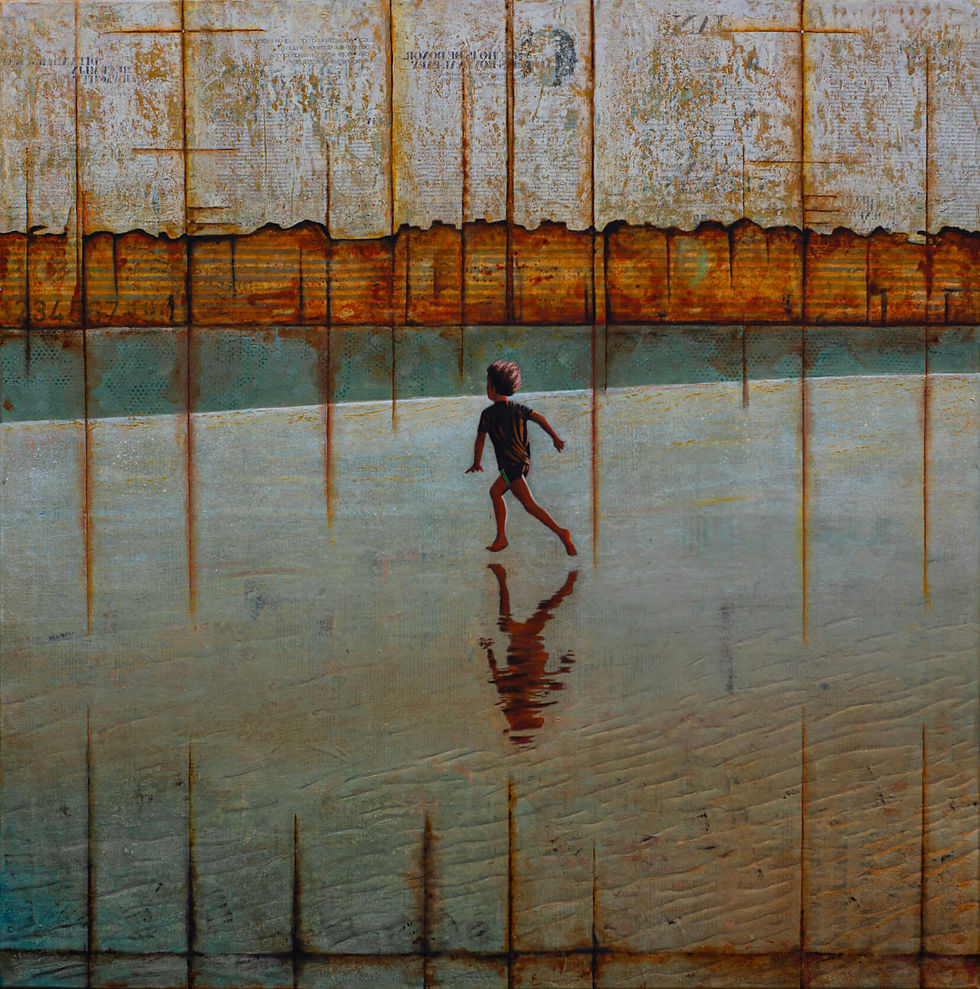 Child running across greenish wet sand with a reflection, in front of a weathered abstract wall in muted greenblue, rust, and tan tones.