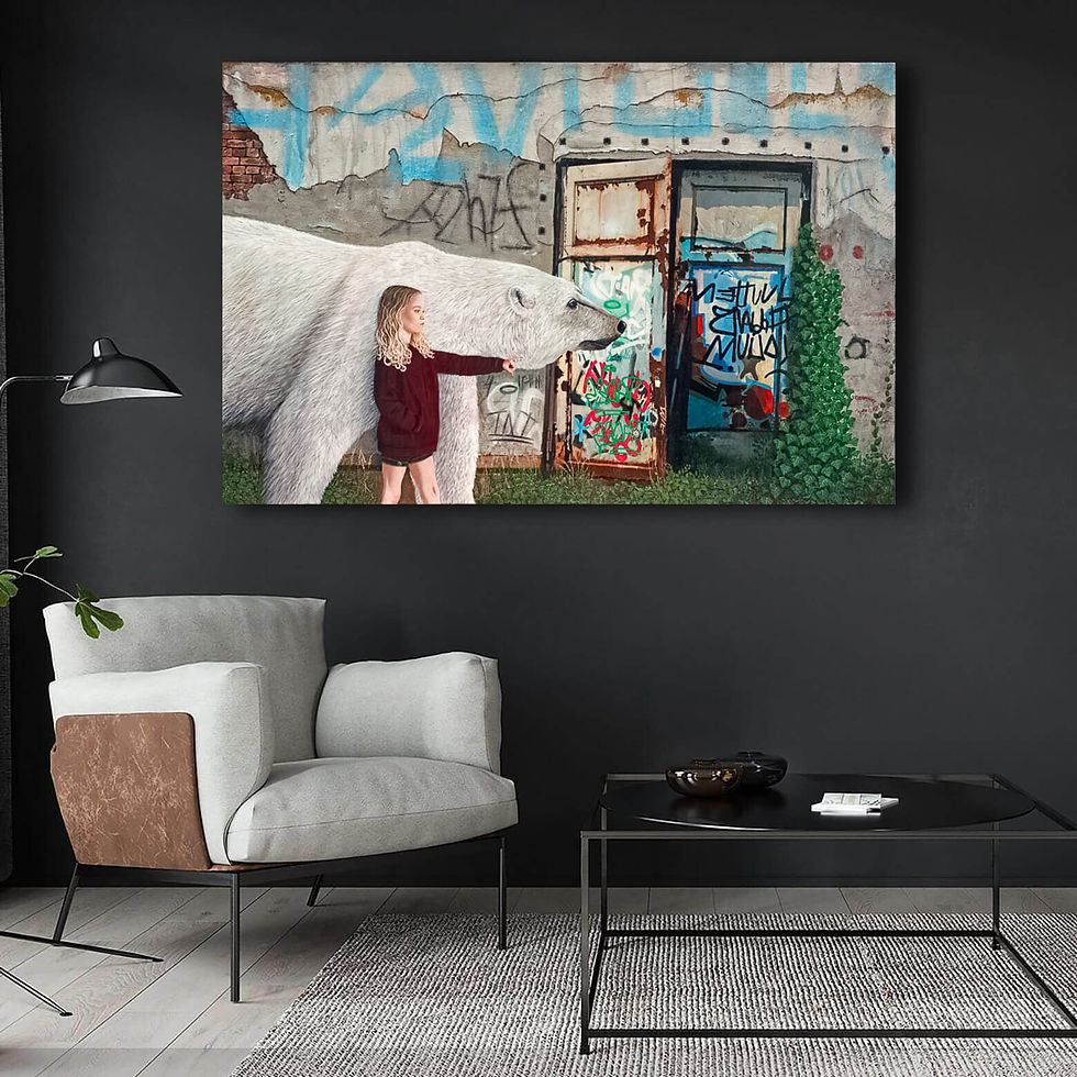 Thumbnail: painting on black wall with girl and polar bear walking through urban landscape with plants and graffiti on wall and ivy