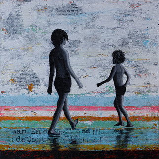 Beach art ‘Beach Boys’ sums up the joy and freedom of childhood through the depiction of two boys in black silhouettes playing at the water's edge. Their carefree movements play out against the background of bright white sunlight.