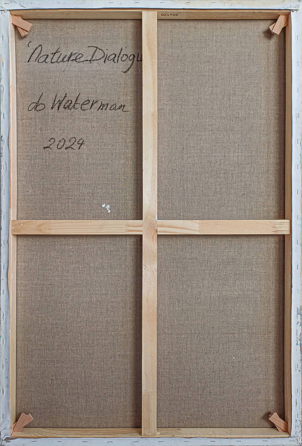 Thumbnail: Back of linen canvas 'Nature Dialogue' with wooden frame and db Waterman signature