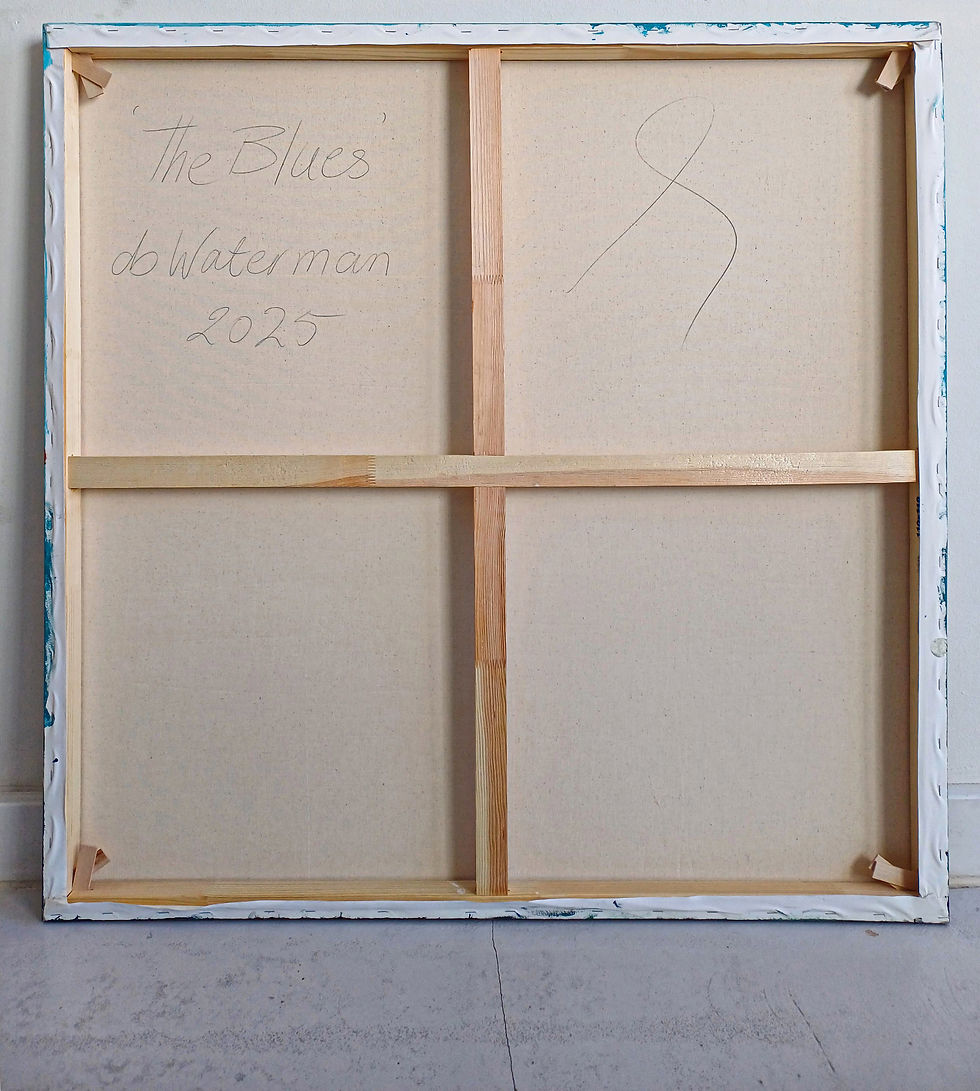 Thumbnail: back of canvas 'The Blues' with wooden frame and db Waterman signature