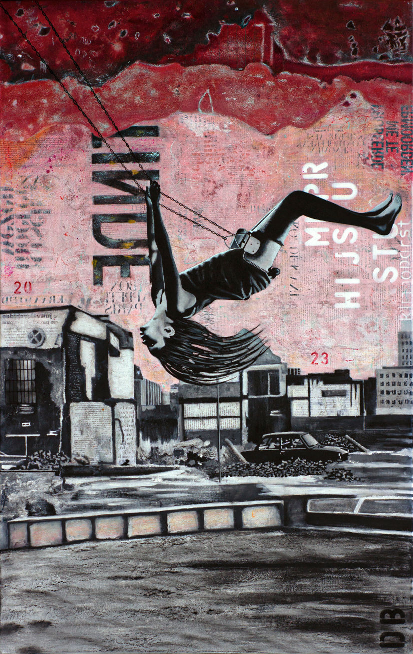 Street art with monochrome girl with dreadlocks on swing against grey rubble background and industry under pink sky