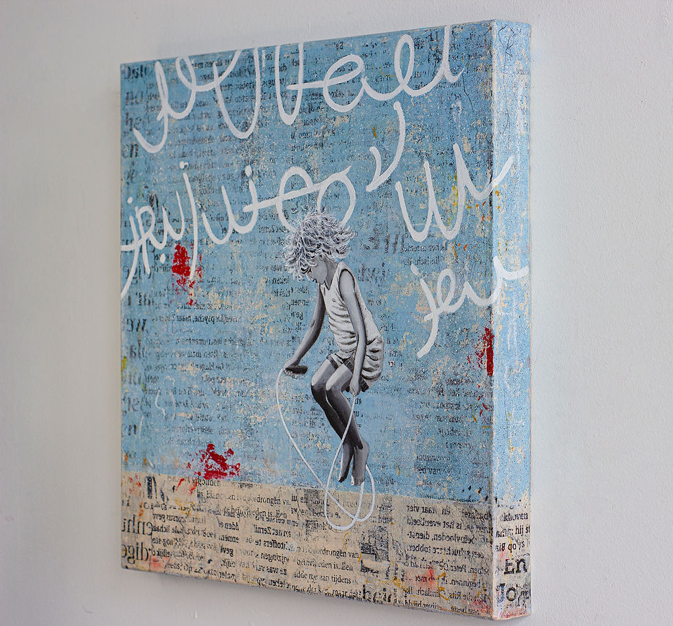 Thumbnail: Right side of Square canvas with girl and skipping rope in front of light blue and beige street art wall with white tag