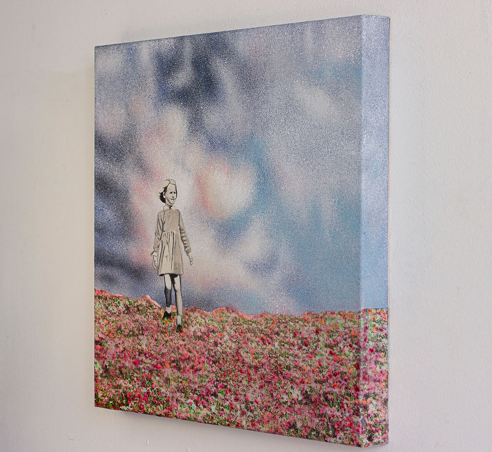 Thumbnail: Right side of Square painting with vintage girl walking through red pinkish flower field under blue purple clouds