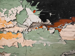 abstract artwork in yellow, green, black, beige, white, and orange of a peeling plaster wall