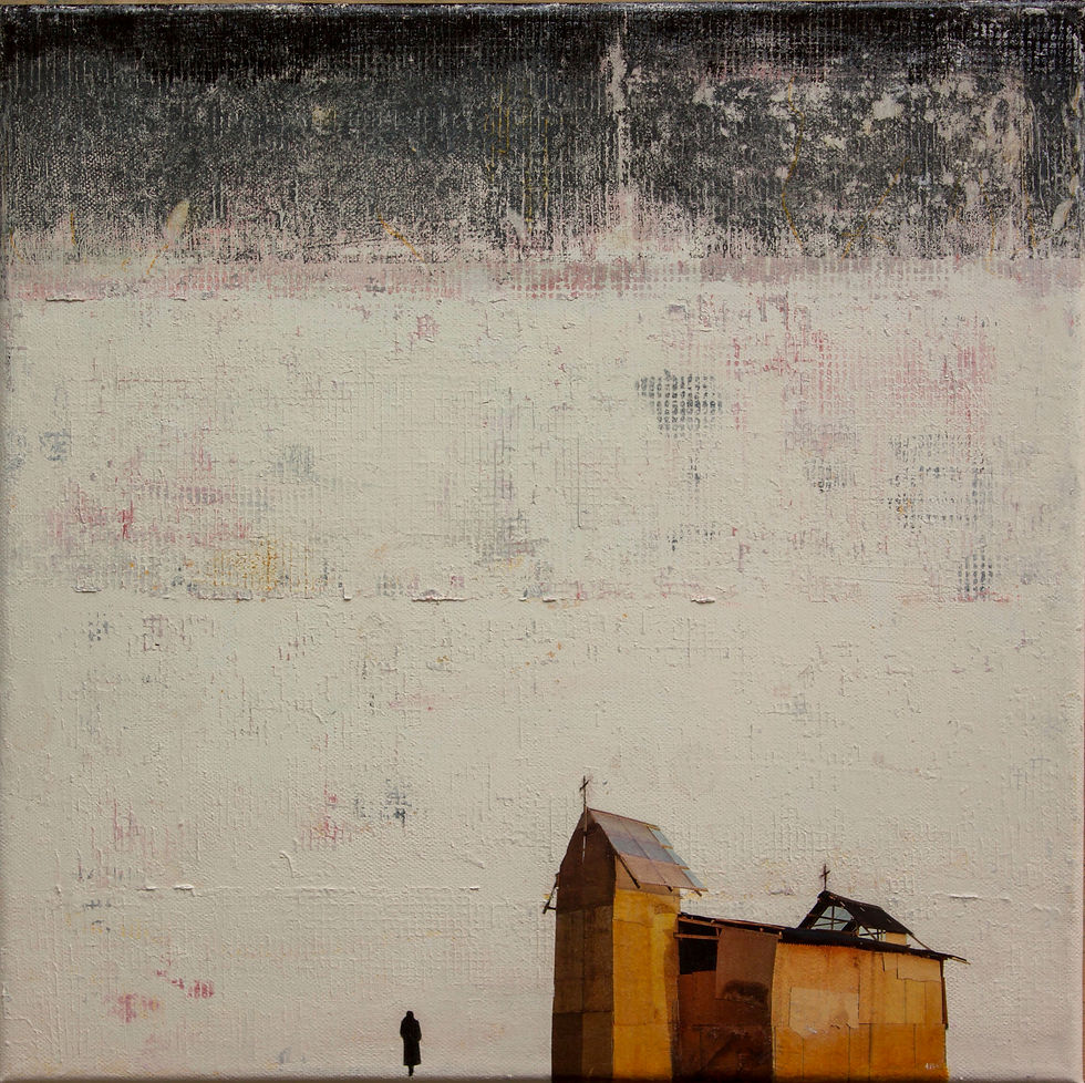 Thumbnail: Light yellow white mixed media painting with grey sky and ochre building
