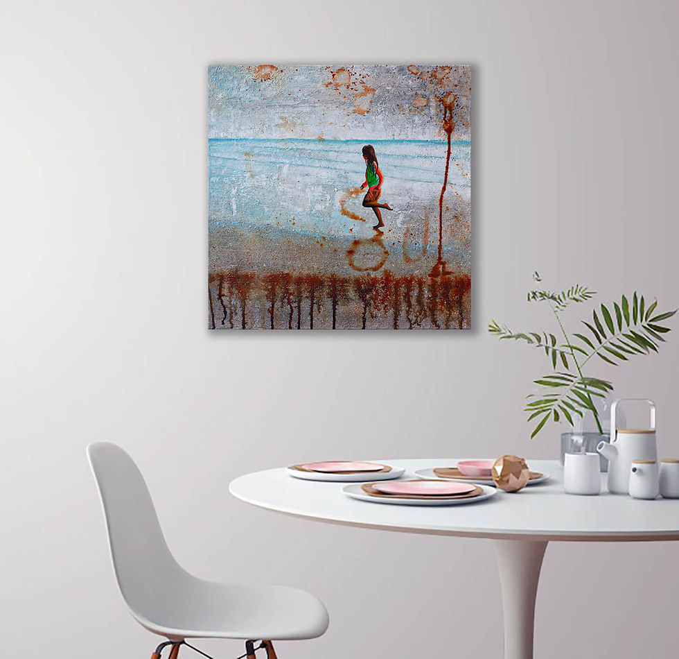 Thumbnail: square beach painting on white wall  above white table in pastel colors, and rusty underside, with girl running on the beach