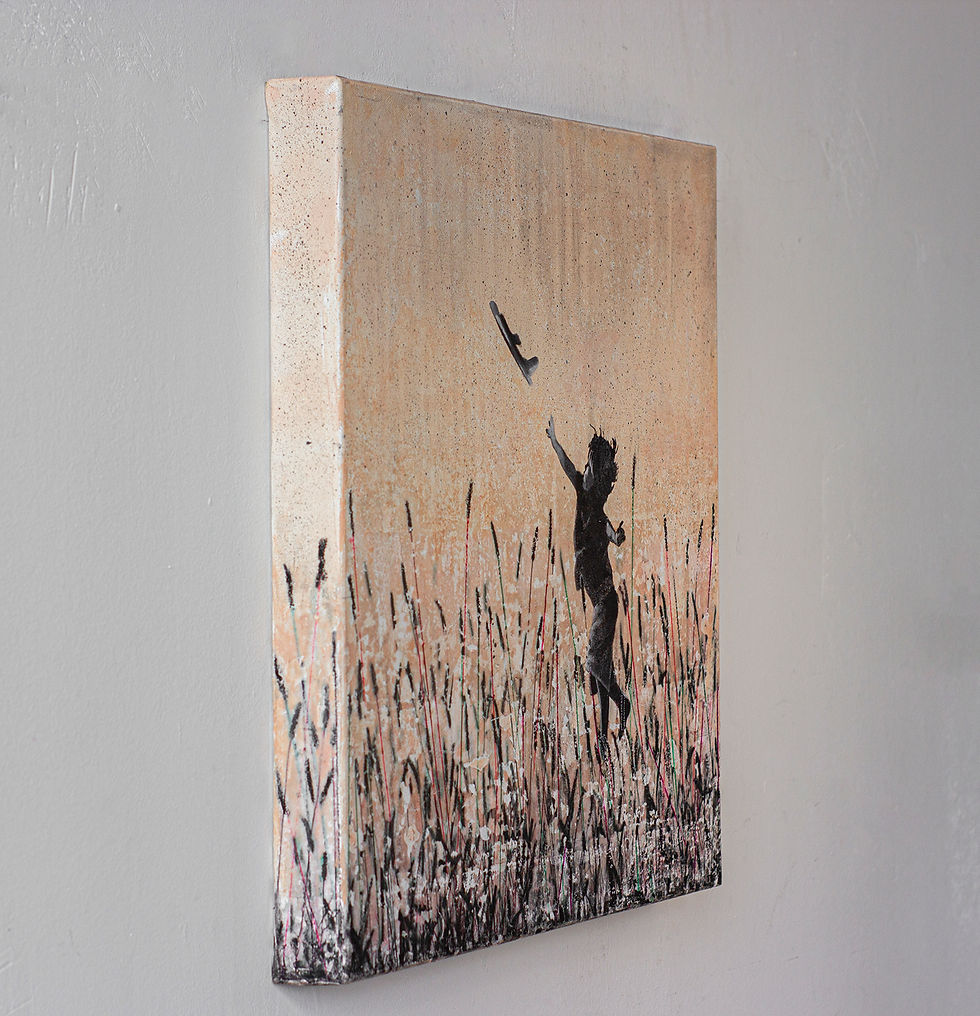 Thumbnail: Left side of square peach artwork with black reeds and boy throwing plane