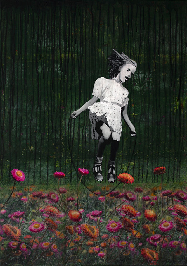 monochrome girl in white dress with jumping rope against dark green forest above pink orange straw flowers