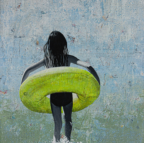 SUMMER GIRL mixed media beach lime zwemband om monochroom meisje dat de zee in loopt