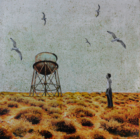Father's day art gift with desert landscape with man alone staring at watertower 