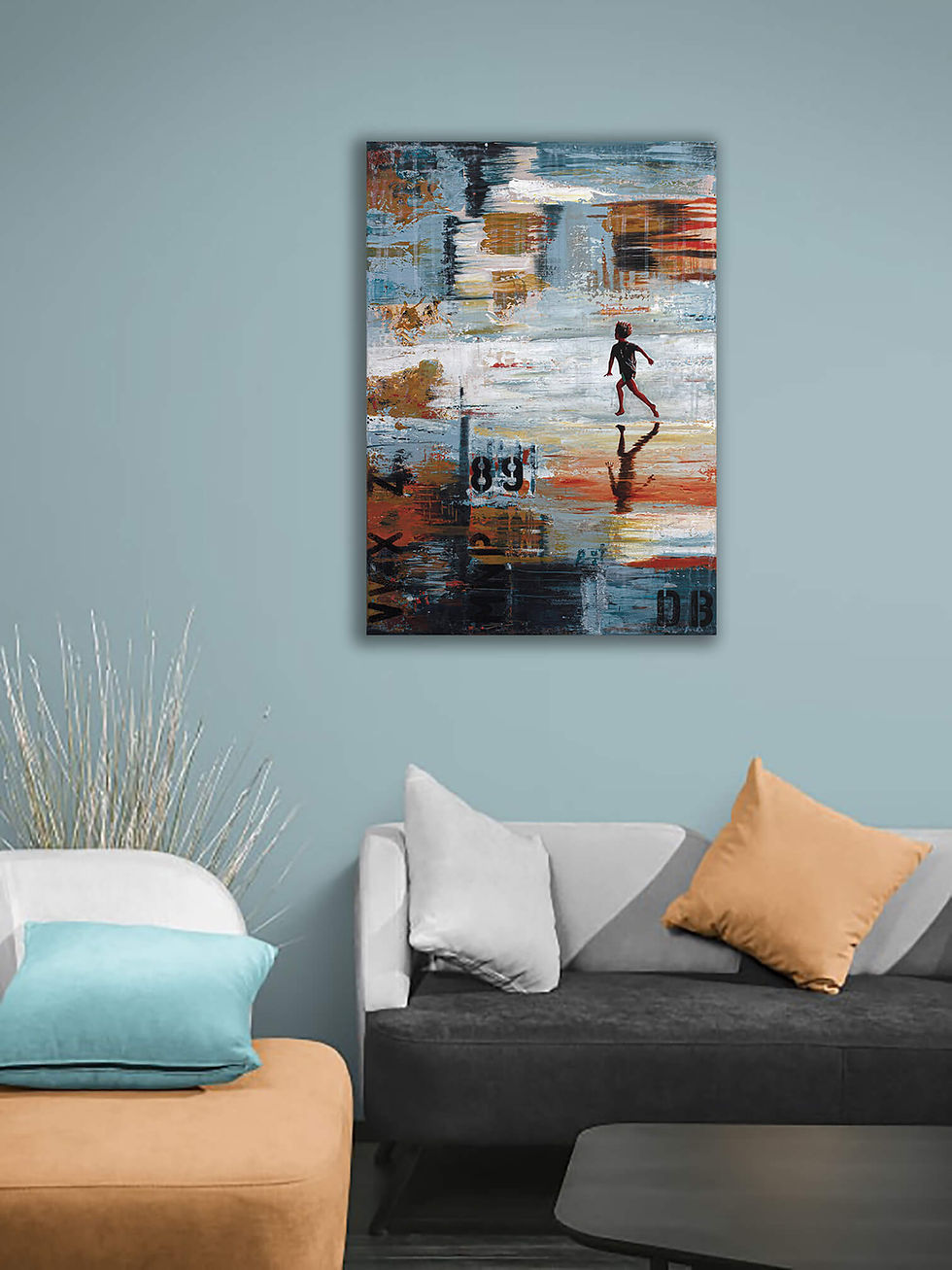 Thumbnail: Interior with blue grey wall and abstract beach art with running boy hanging on the wall above couch