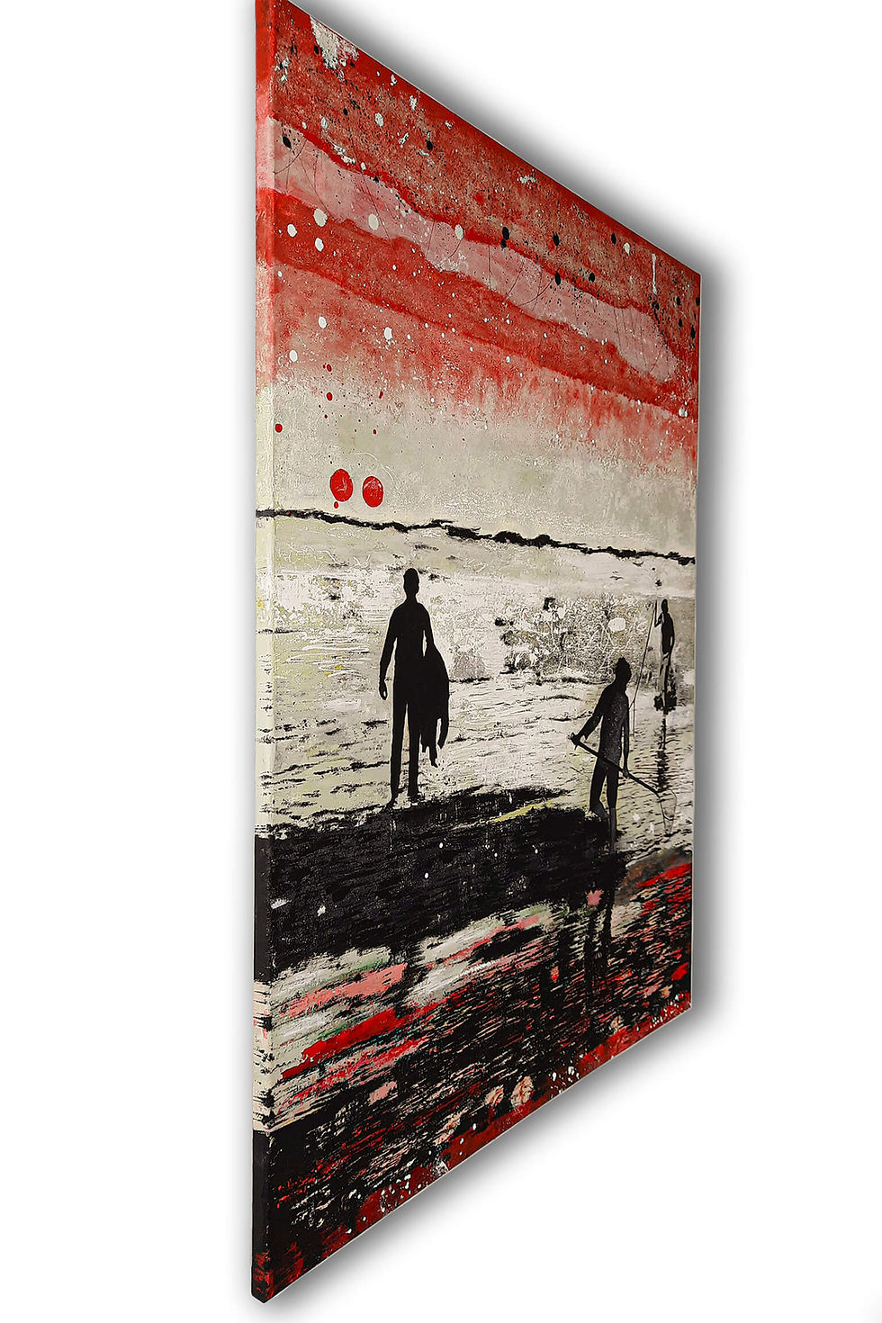 Thumbnail: Left side view of landscape river painting with three boys under red sky