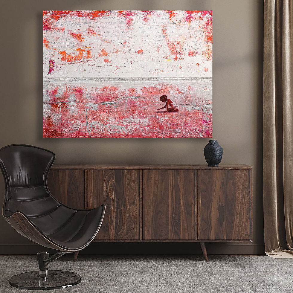 Modern living room in dark brown with abstract pink-red beach wall art of a small child figure on the beach, beside a wooden sideboard, black chair, and vase.