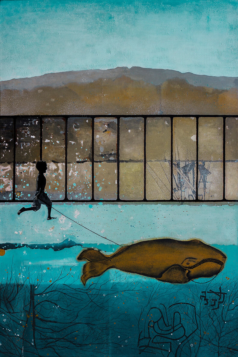 Monochrome child holds a golden whale on a leash and runs with the whale along the beach.