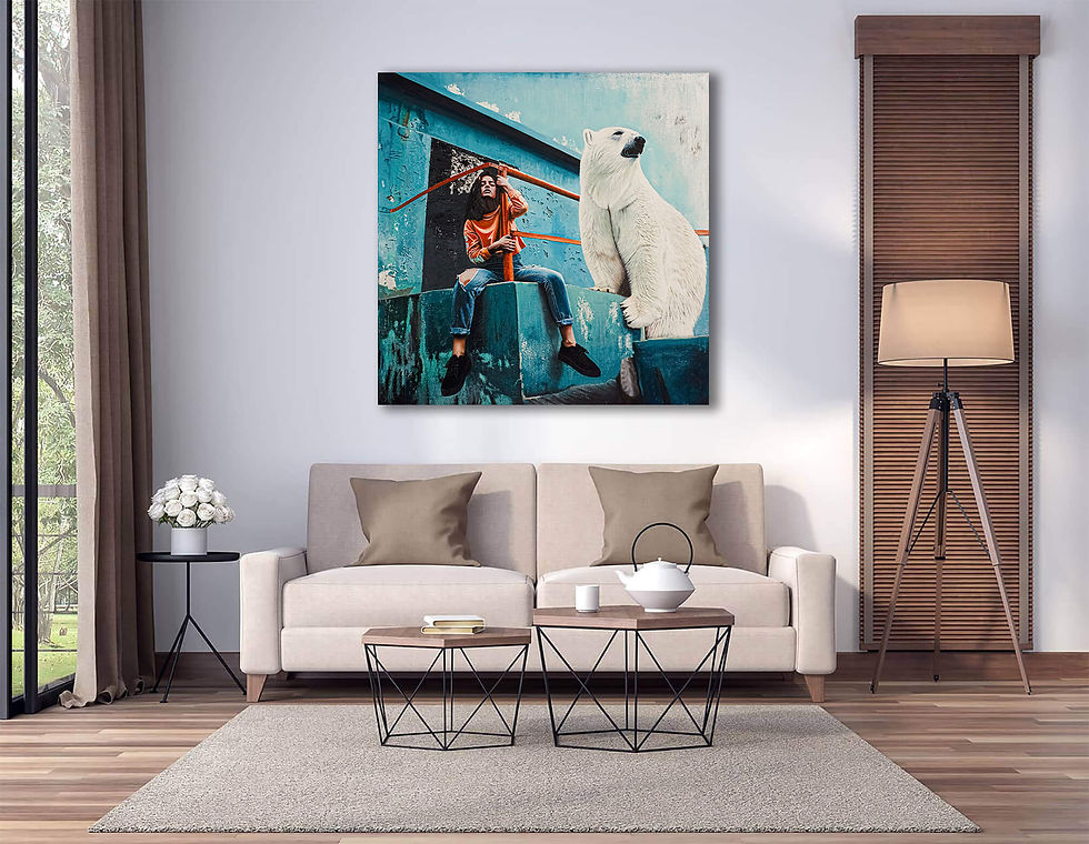 Modern living room with beige sofa and tripod lamp, featuring wall art of a girl in orange sweater and a white polar bear on blue urban background.