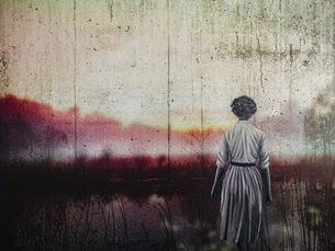 monochrome woman in dess standing at the edge of black and dark red swamp with weathered concrete look sky
