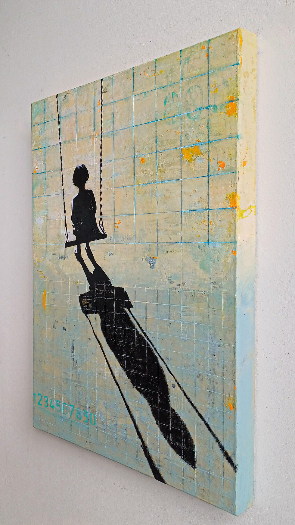Thumbnail: Right side of the yellowish and light blue artwork with the silhouette of a girl on swing against weathered tiled background