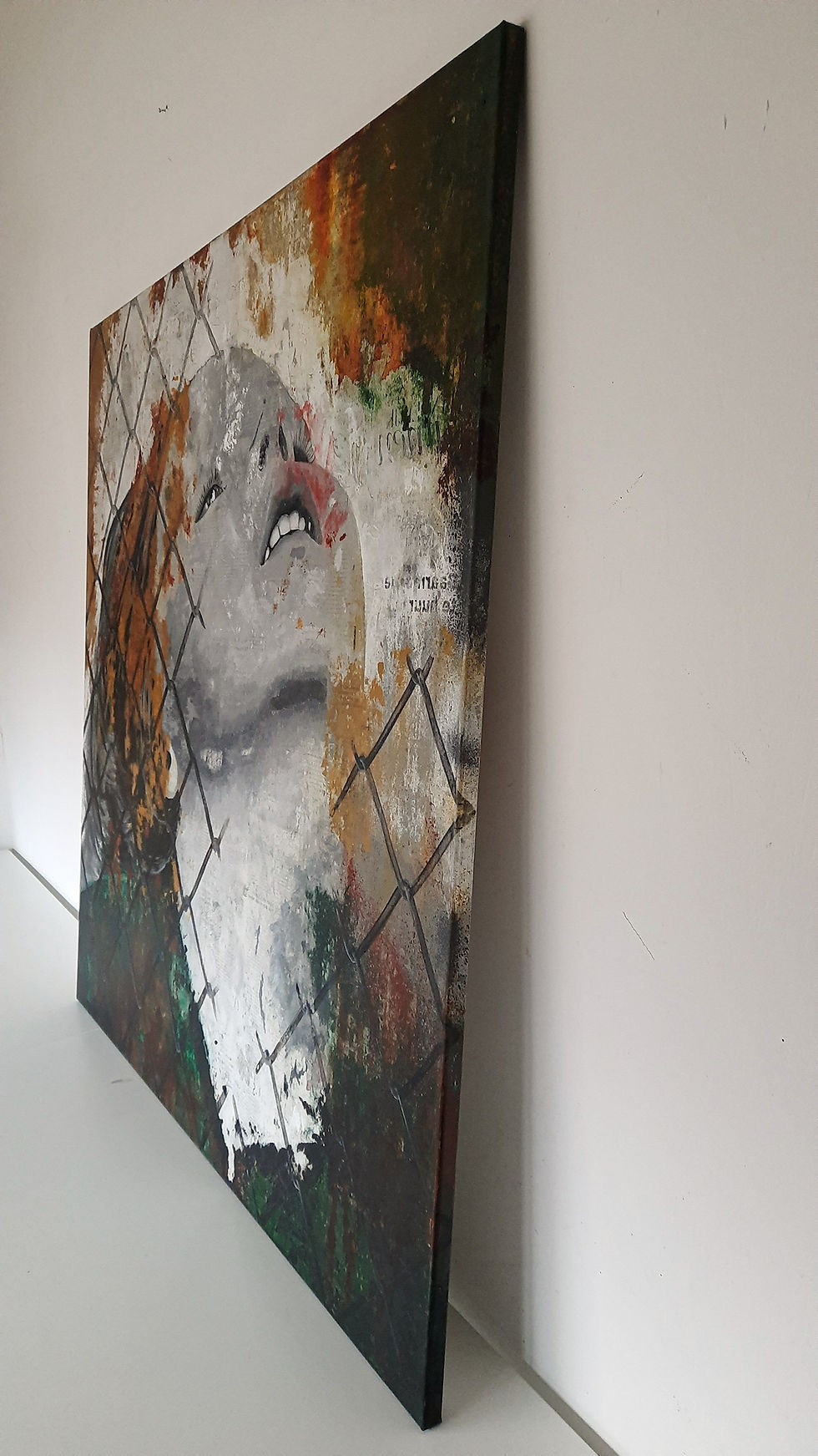 Thumbnail: Right side of square painting with grey face of girl looking up behind a broken fence