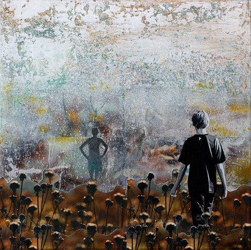 landscape art with boy walking through blown flowers towards lost friend. Father's day art gift
