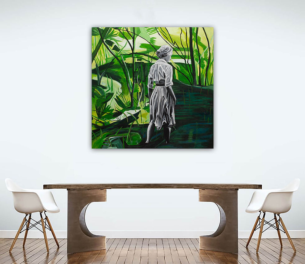Thumbnail: Interior view of artwork with plants and black and white woman standing in water , above wooden table