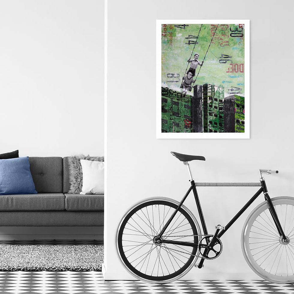 Thumbnail: Interior design with green collage swing artwork on white wall and bicycle against wall
