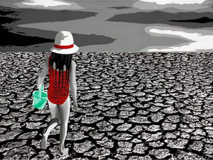 Monochrome beach landscape with cracked earth and girl in red bathing suit and green bucket