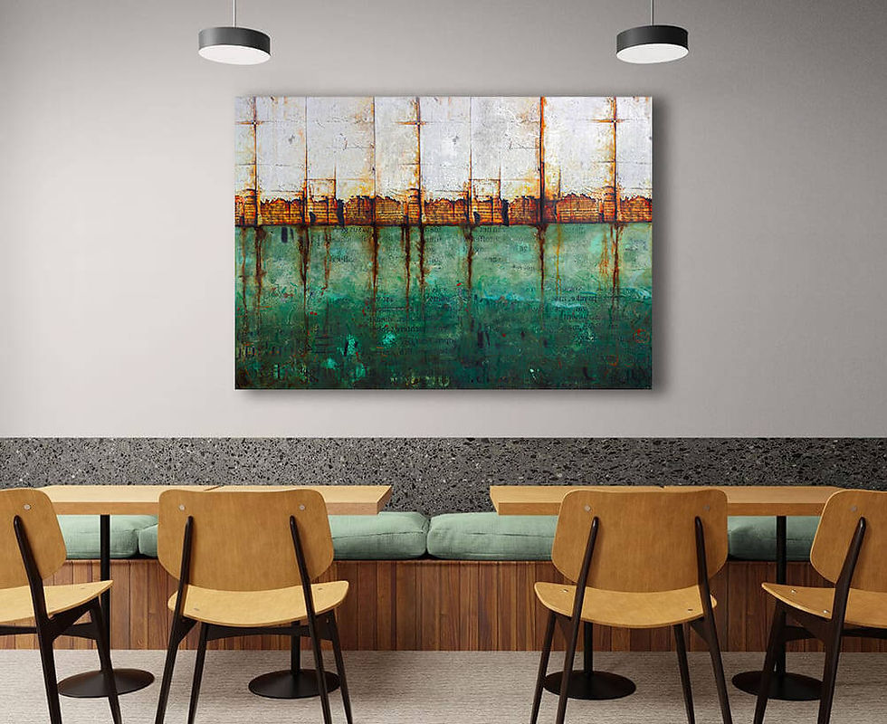 Thumbnail: art above table and wooden chairs, of abstract landscape in a light-colored section with a rusty fence and a green urban part