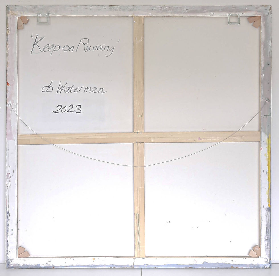 Thumbnail: Back of square canvas with wooden stretcher and db Waterman signature