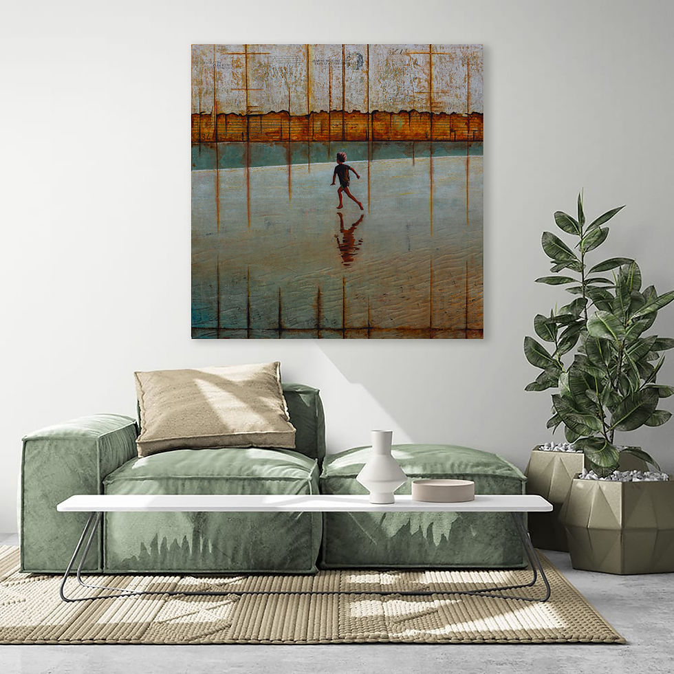 Thumbnail: Square seascape artwork on wall above green couch, with boy running trough greenish water and rusty fences in background