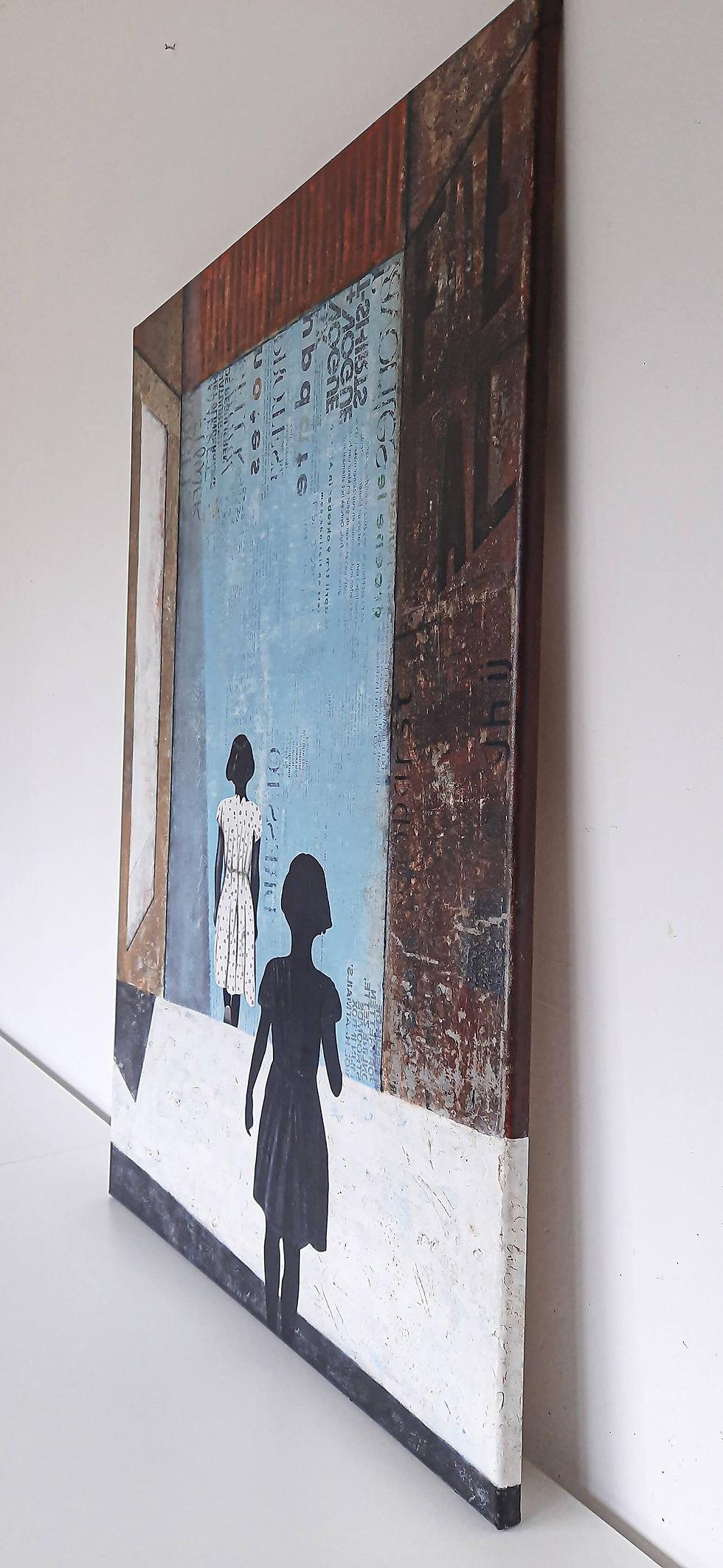 Thumbnail: Right side view of light blue, brown, white and sienna artwork with two girls in black and white