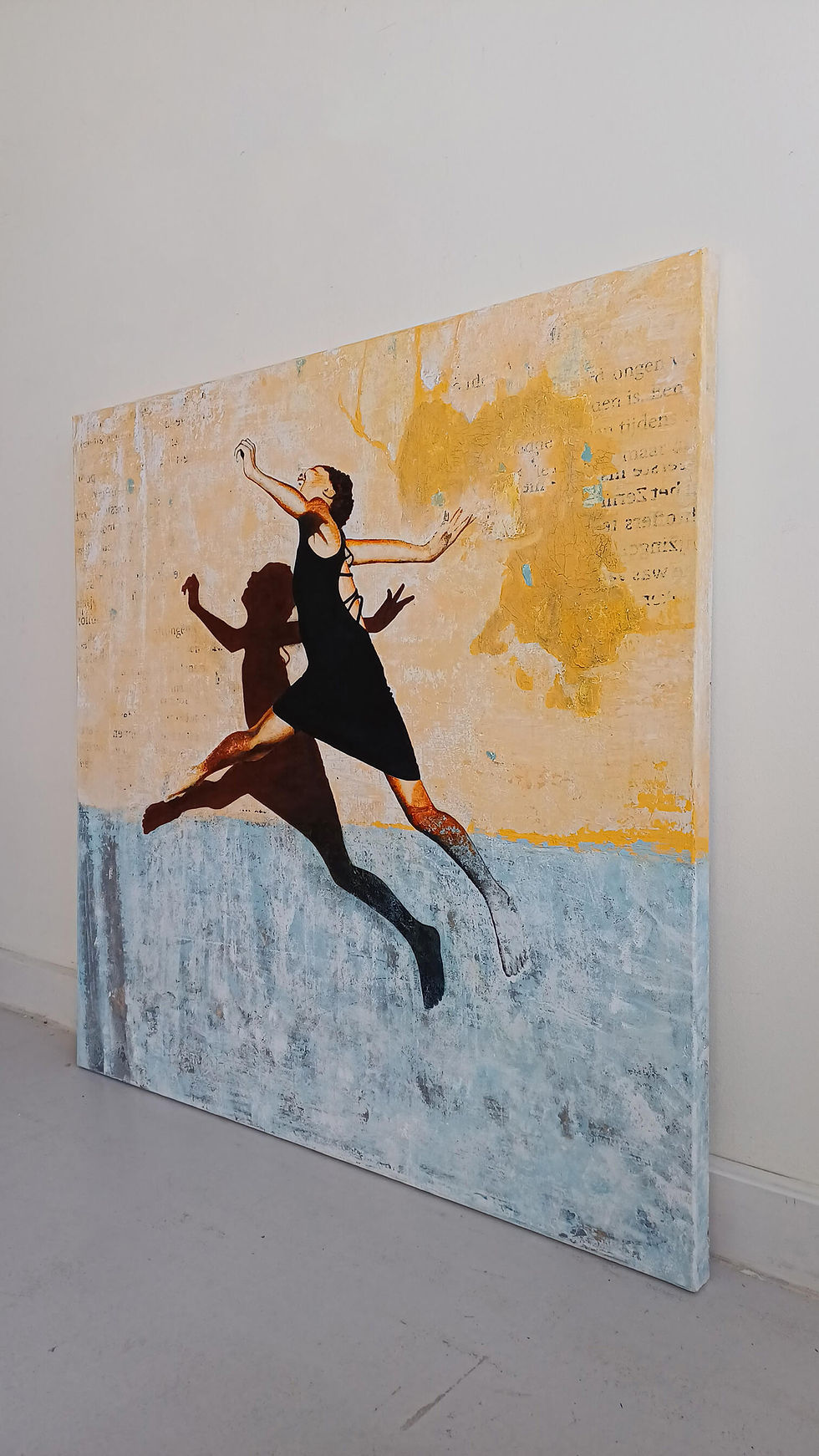 Thumbnail: Right side of square artwork on the ground with jumping girl and her shadow against yellow and light blue concrete wall