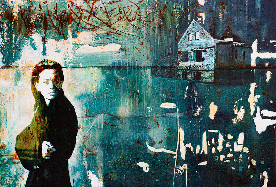 blue-green urban landscape art with small details and female torso in the foreground and crumbling house in the background