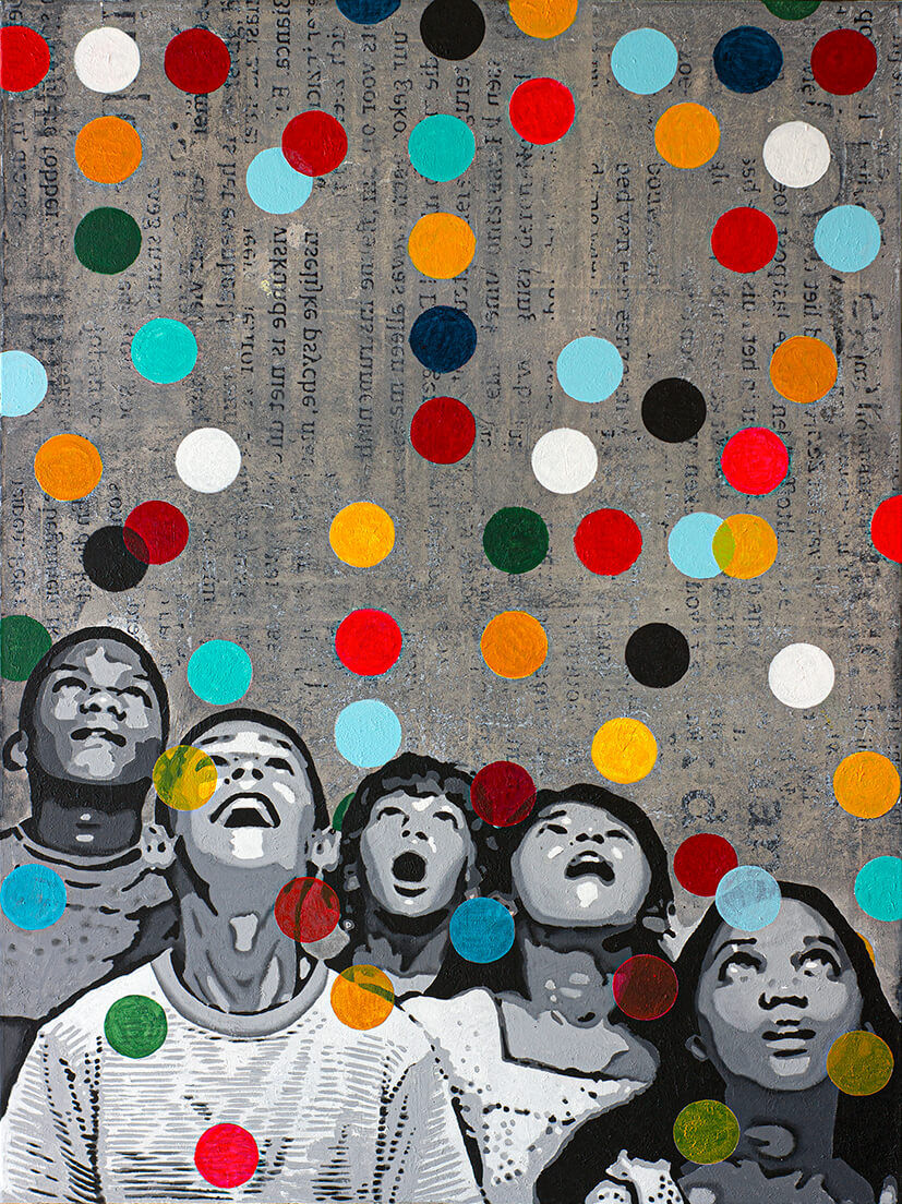 Street art painting in concrete look canvas with 5 children in black and white looking up at colorful circles falling down