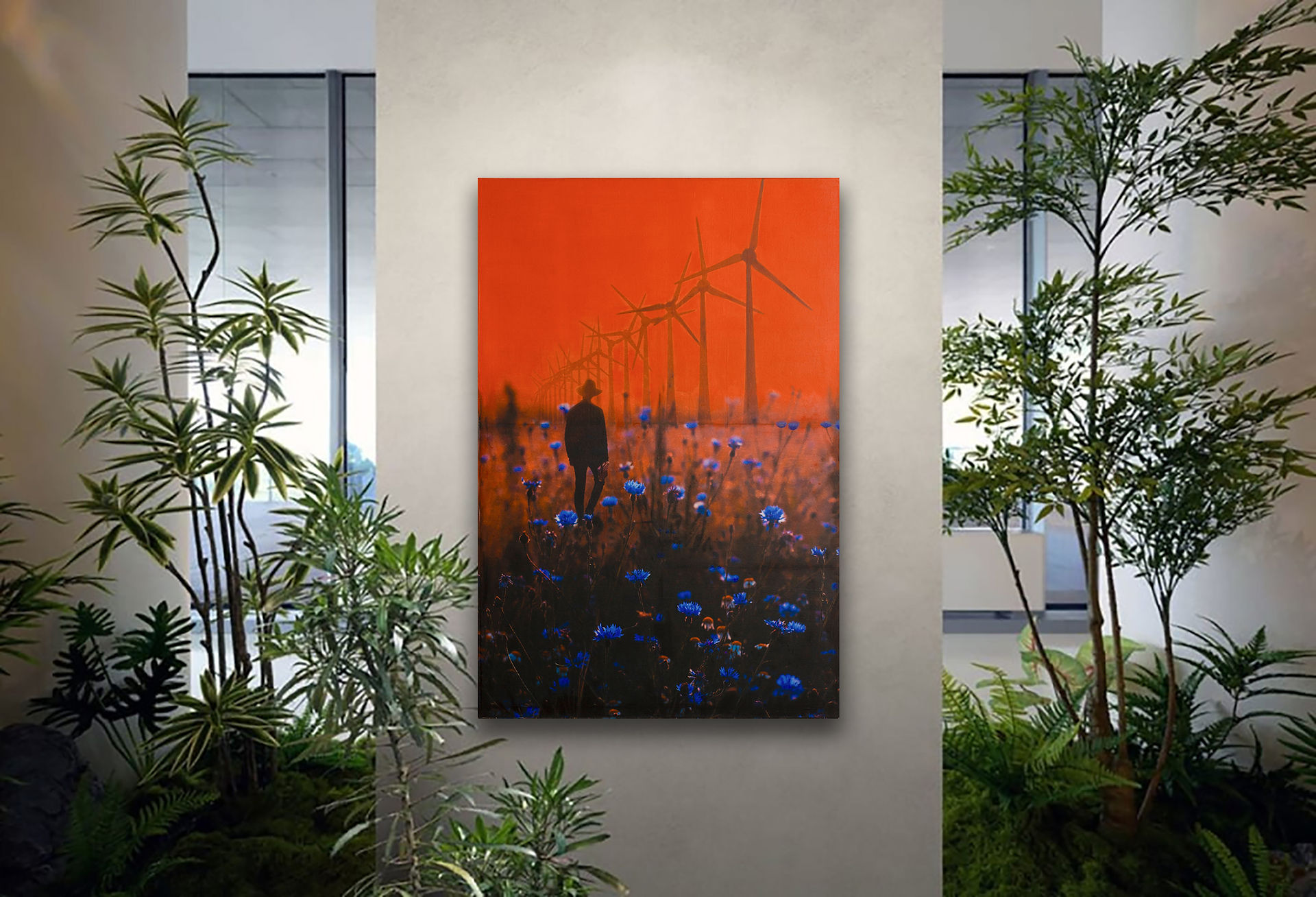 Father's day landscape gift art with silhouette man walking trough orange landscape with blue cornflowers and windmills