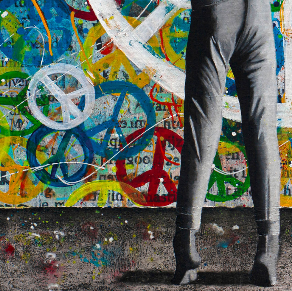 Thumbnail: Legs of girl in black and white standing on grey pavement making colorful peace signs